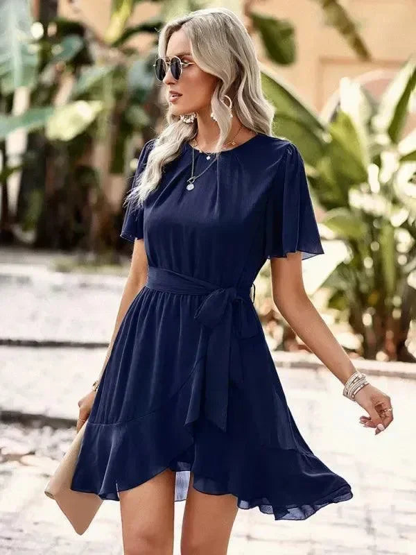 LeStyleParfait Women Dress Mini Dress Midi-Dress Short Sleeves Plain-Solid Round Neck-Mini Dress