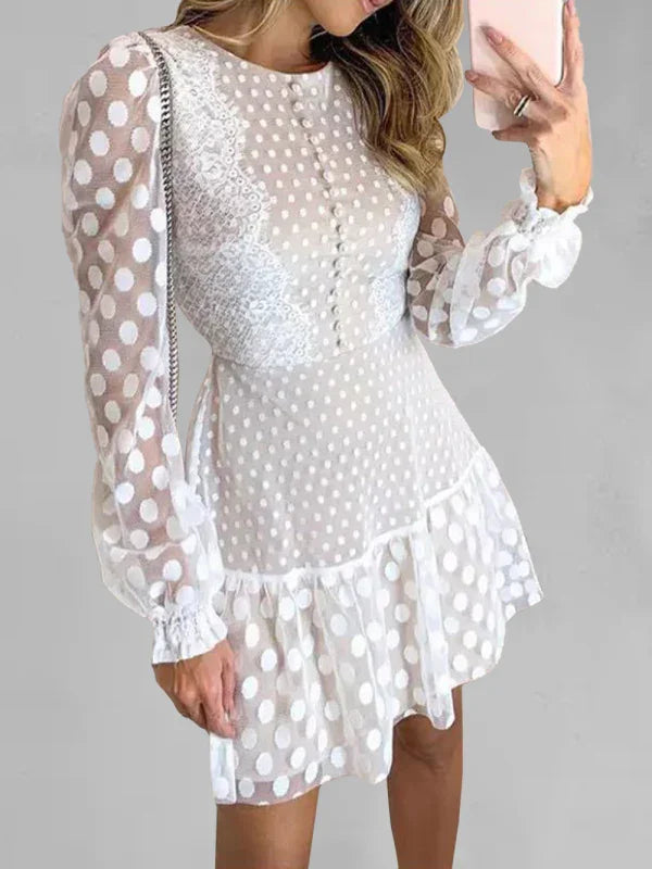 Women Elegant Dotted Lace Mini Dress - Pattern Mini Dress - LeStyleParfait