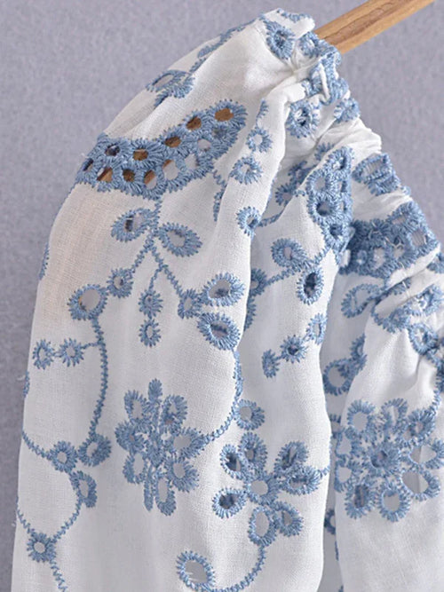 A-line,a-line dress,cotton,cotton dress,embroidery,floral,floral dress,ladies Wrinkle resistant,mini,mini dress,party,party dress,puff sleeve,puff sleeves dress,Quick drying mini dress,regular,regular dress,scalloped,slip-on,slip-on dress,square,square dress,summer,summer dress-LeStyleParfait