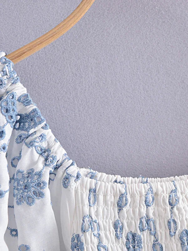 A-line,a-line dress,cotton,cotton dress,embroidery,floral,floral dress,ladies Wrinkle resistant,mini,mini dress,party,party dress,puff sleeve,puff sleeves dress,Quick drying mini dress,regular,regular dress,scalloped,slip-on,slip-on dress,square,square dress,summer,summer dress-LeStyleParfait