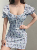 Women Romantic Floral Mini Puff Sleeve Dress - Floral Mini Dress - LeStyleParfait