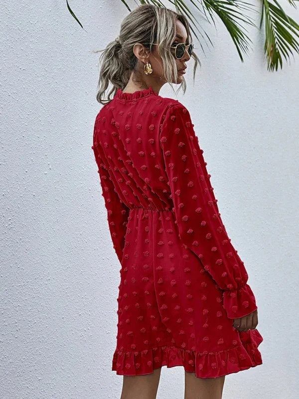 A-line,a-line dress,brunch,brunch dress,casual dress,chiffon,flowy,flowy dress,high-waist dress,jacquard dress,ladies Wrinkle Resistant,long sleeve,long sleeves with ruffle cuffs dress,mini,mini dress,polka dot,polka dot dress,pullover dress,Quick Drying mini dress,ruffle hem dress,ruffled,ruffles,slip-on,spring,spring dress,V-neck,v-neck dress-LeStyleParfait