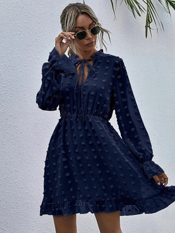 A-line,a-line dress,brunch,brunch dress,casual dress,chiffon,flowy,flowy dress,high-waist dress,jacquard dress,ladies Wrinkle Resistant,long sleeve,long sleeves with ruffle cuffs dress,mini,mini dress,polka dot,polka dot dress,pullover dress,Quick Drying mini dress,ruffle hem dress,ruffled,ruffles,slip-on,spring,spring dress,V-neck,v-neck dress-LeStyleParfait