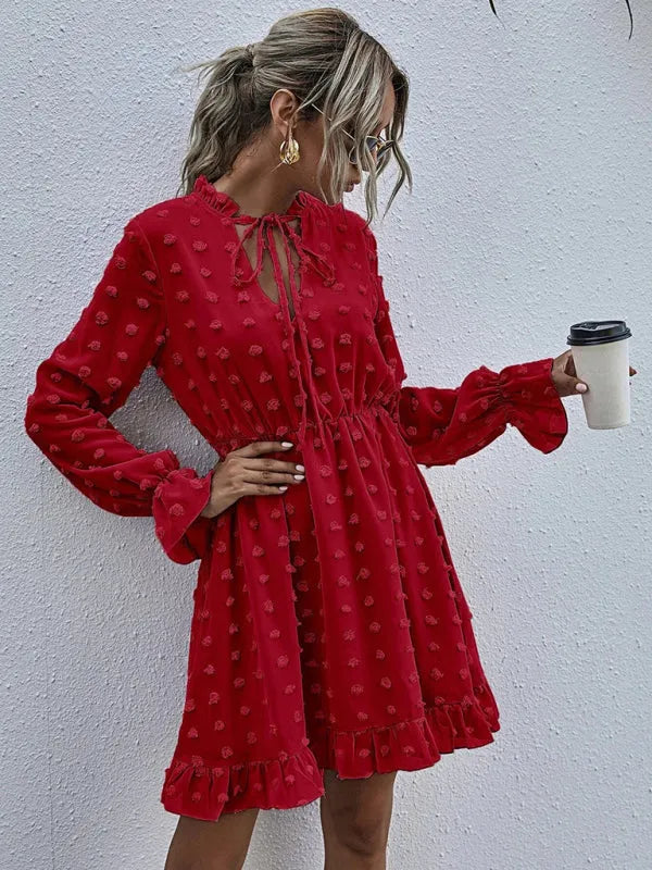 A-line,a-line dress,brunch,brunch dress,casual dress,chiffon,flowy,flowy dress,high-waist dress,jacquard dress,ladies Wrinkle Resistant,long sleeve,long sleeves with ruffle cuffs dress,mini,mini dress,polka dot,polka dot dress,pullover dress,Quick Drying mini dress,ruffle hem dress,ruffled,ruffles,slip-on,spring,spring dress,V-neck,v-neck dress-LeStyleParfait