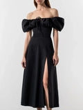 Romantic Black Cotton Puff Sleeve Midi Dress