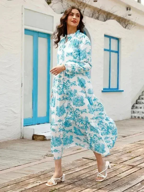 Romantic Blue Floral Tiered Maxi Dress
