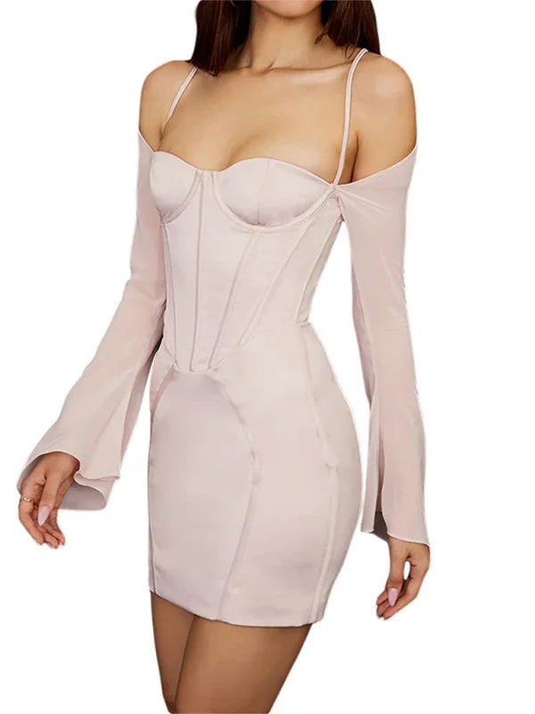 Women Romantic Light Pink Satin Cut Dress - Cut-Out Mini Dress - LeStyleParfait