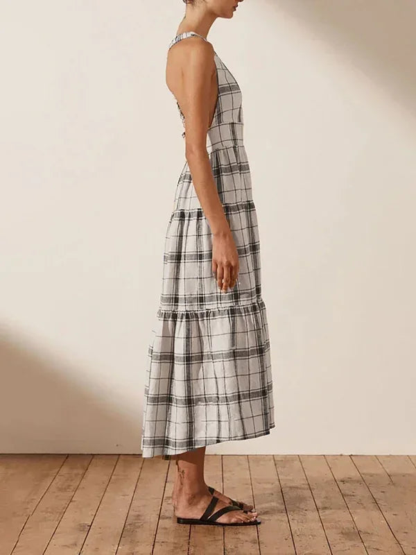 Romantic Checkered Cotton Tiered Midi Dress