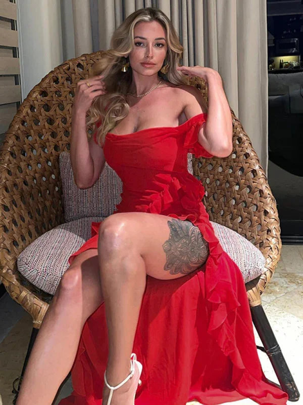 Women Romantic Red Ruffle Fit Maxi Dress - Fit and Flare Maxi Dress - LeStyleParfait