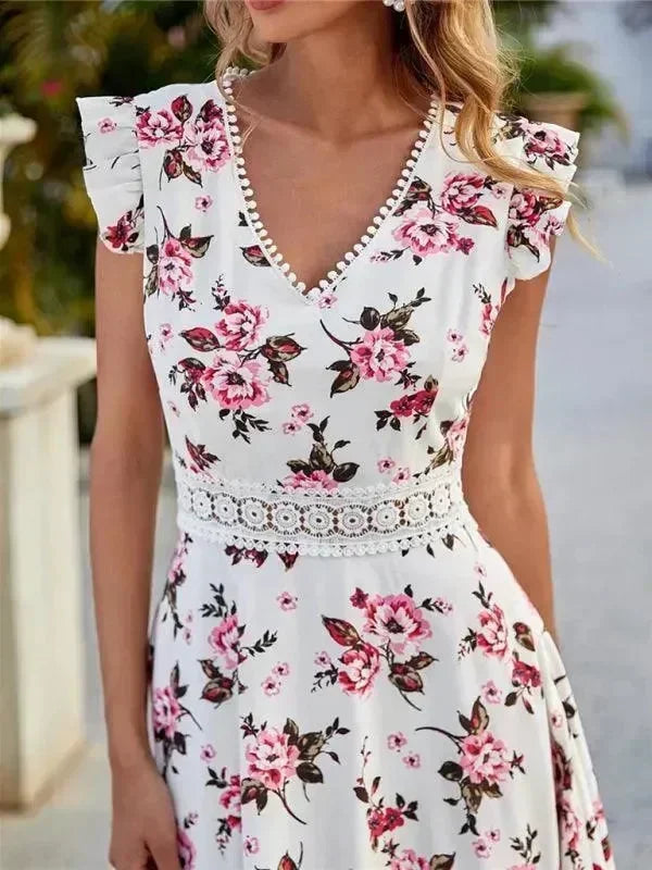 Romantic Floral Asymmetric Chiffon Maxi Dress