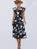 Romantic Floral Chiffon Flutter Midi Dress