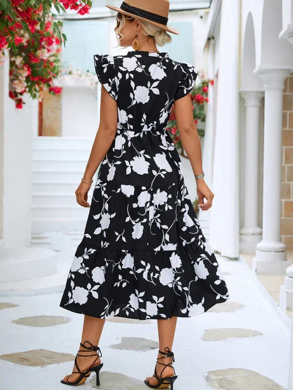 Romantic Floral Chiffon Flutter Midi Dress