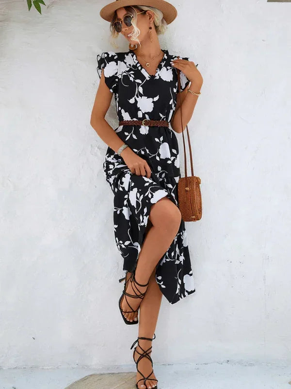 Romantic Floral Chiffon Flutter Midi Dress