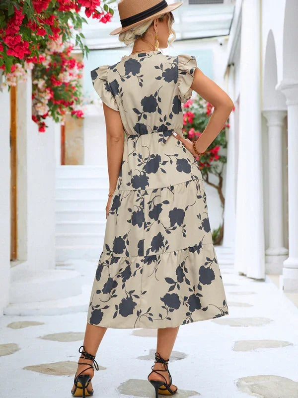 Romantic Floral Chiffon Flutter Midi Dress