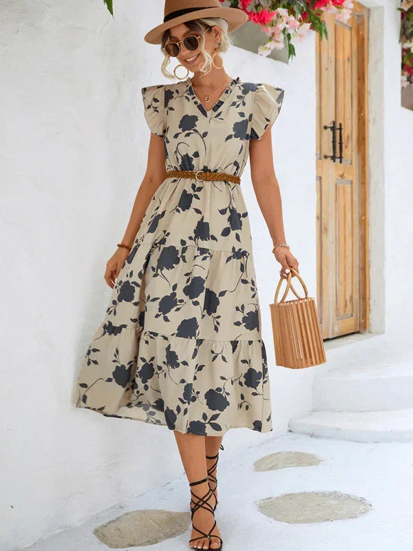 Romantic Floral Chiffon Flutter Midi Dress
