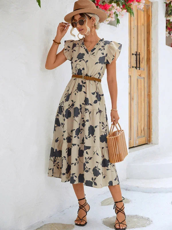 Romantic Floral Chiffon Flutter Midi Dress