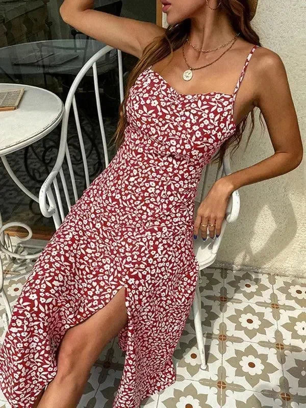 Romantic Floral Cotton Square Neck Midi Dress