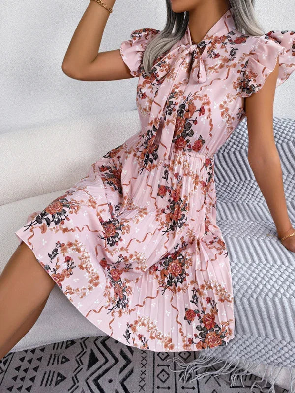 Romantic Floral High-Neck Chiffon Midi Dress