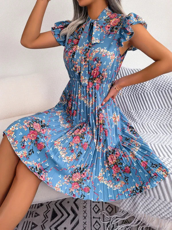 Romantic Floral High-Neck Chiffon Midi Dress