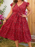Romantic Floral Lace Wrap Midi Dress
