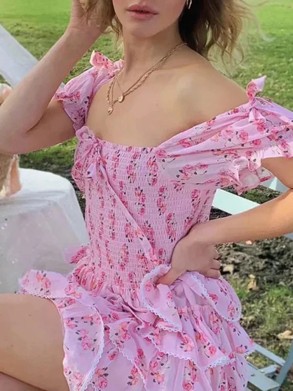 Romantic Floral Tiered Chiffon Mini Dress