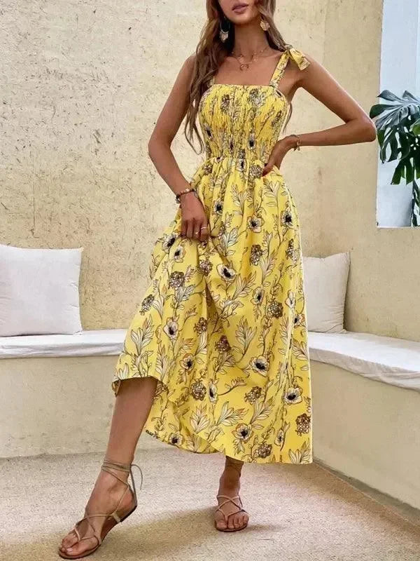 Romantic Green Floral Cotton Midi Dress