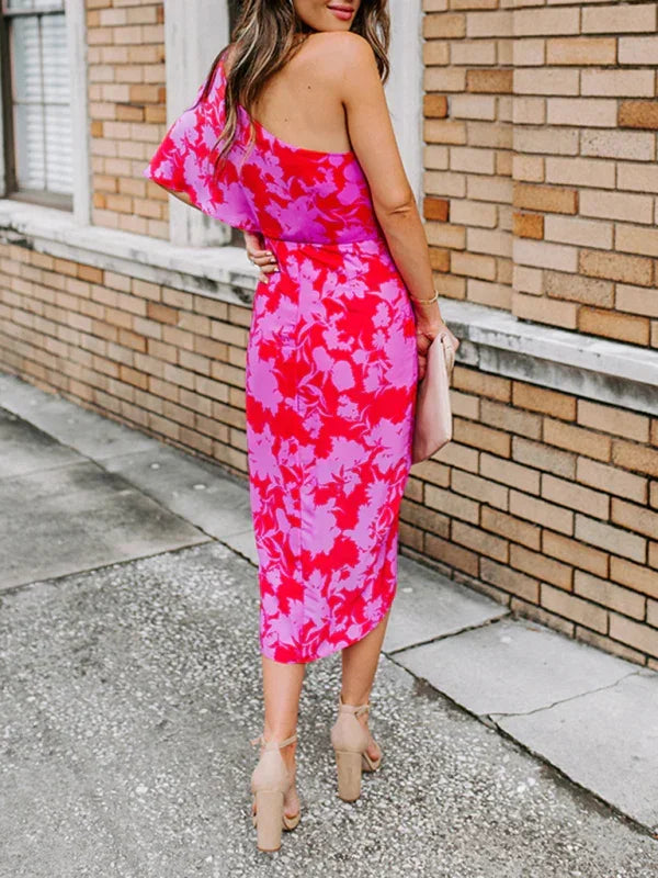 Romantic Pink Floral Wrap Midi Dress