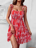Romantic Red Floral Chiffon Mini Dress