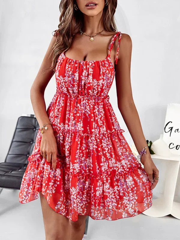 Romantic Red Floral Chiffon Mini Dress