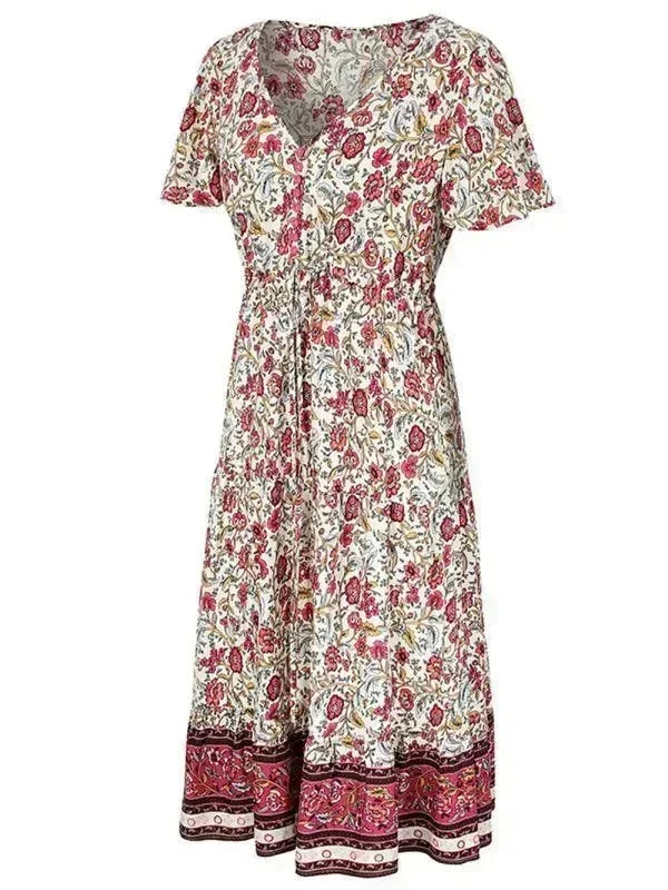 Romantic Red Floral Cotton Maxi Dress