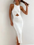 Women Sophisticated White Halter Midi Dress - Fit and Flare Midi Dress - LeStyleParfait
