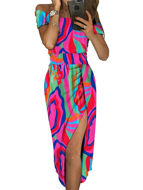 Women Midi Dress Floral Pattern Off-Shoulder Short Sleeves Bodycon Polyester Summer Party | LeStyleParfait