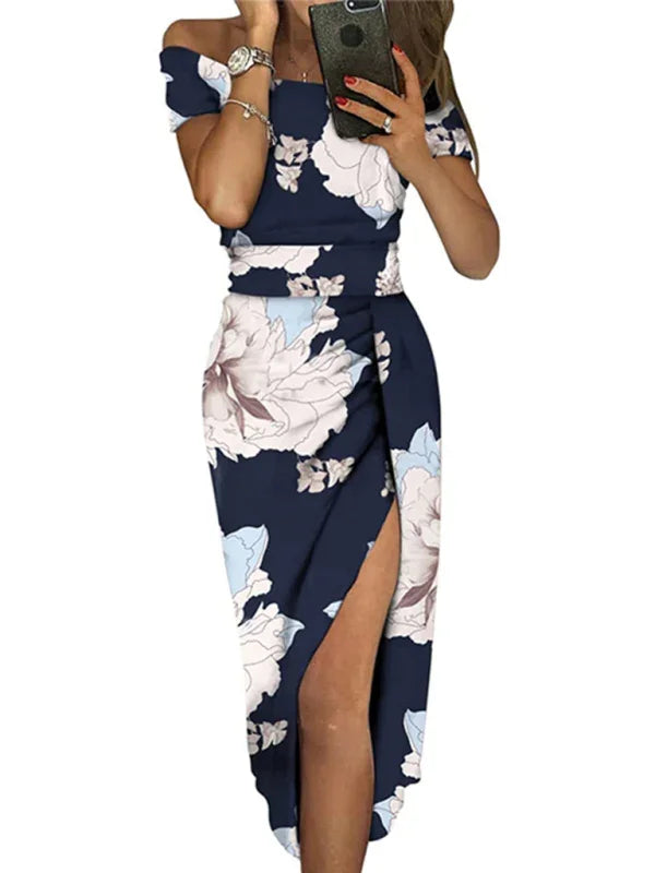Women Midi Dress Floral Pattern Off-Shoulder Short Sleeves Bodycon Polyester Summer Party | LeStyleParfait