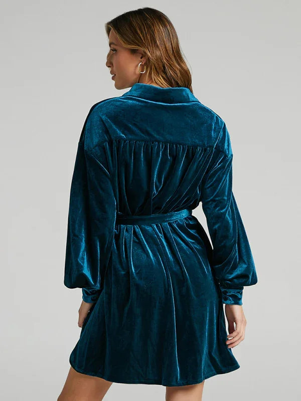 Velvet Shirt Dress - Balloon Sleeves - Shirt Dress - LeStyleParfait