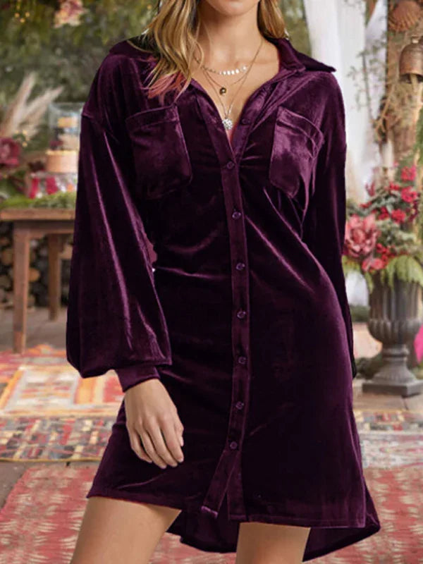 Velvet Shirt Dress - Balloon Sleeves - Shirt Dress - LeStyleParfait