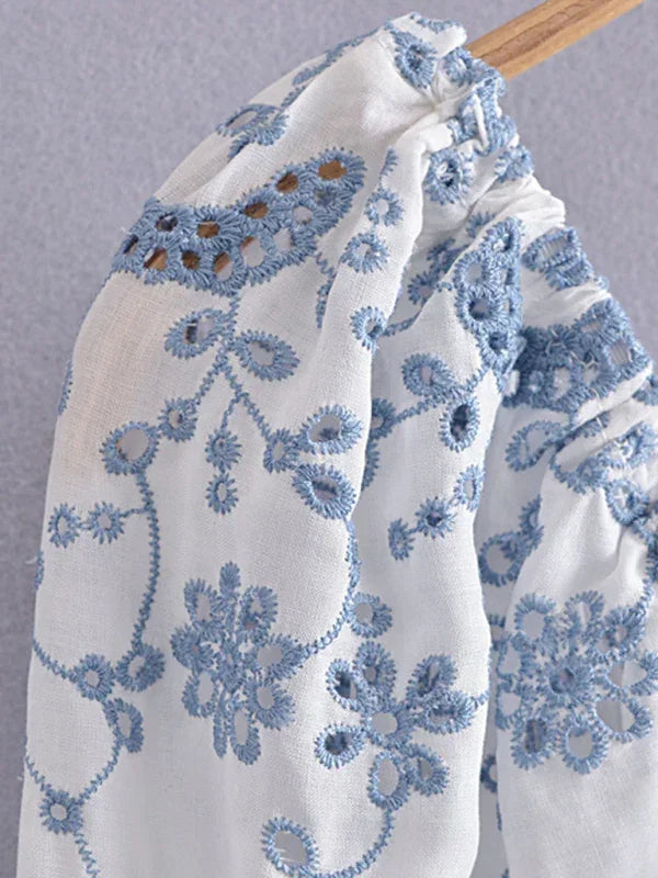 Romantic White Embroidered Puff Sleeve Dress