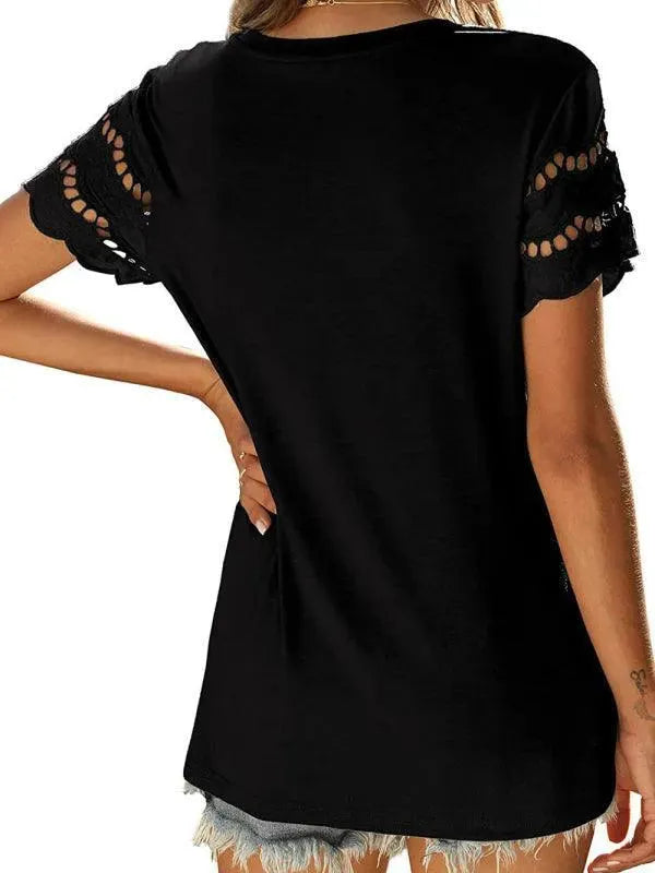 Short Sleeve Solid Lace Knit Women Top - Women Tops - LeStyleParfait