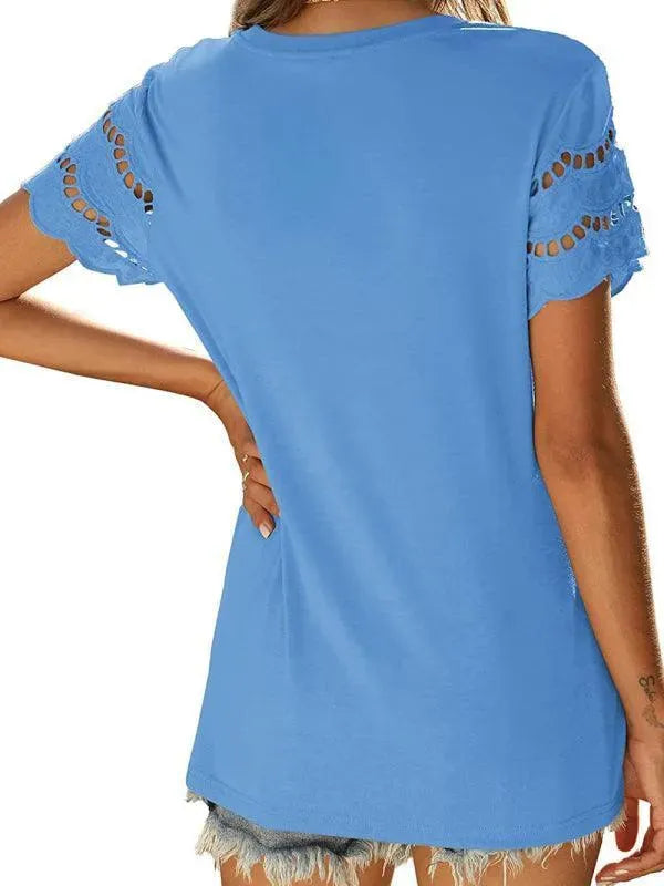 Short Sleeve Solid Lace Knit Women Top - Women Tops - LeStyleParfait