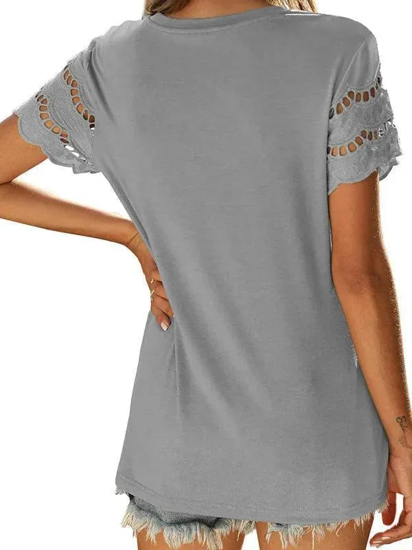 Short Sleeve Solid Lace Knit Women Top - Women Tops - LeStyleParfait
