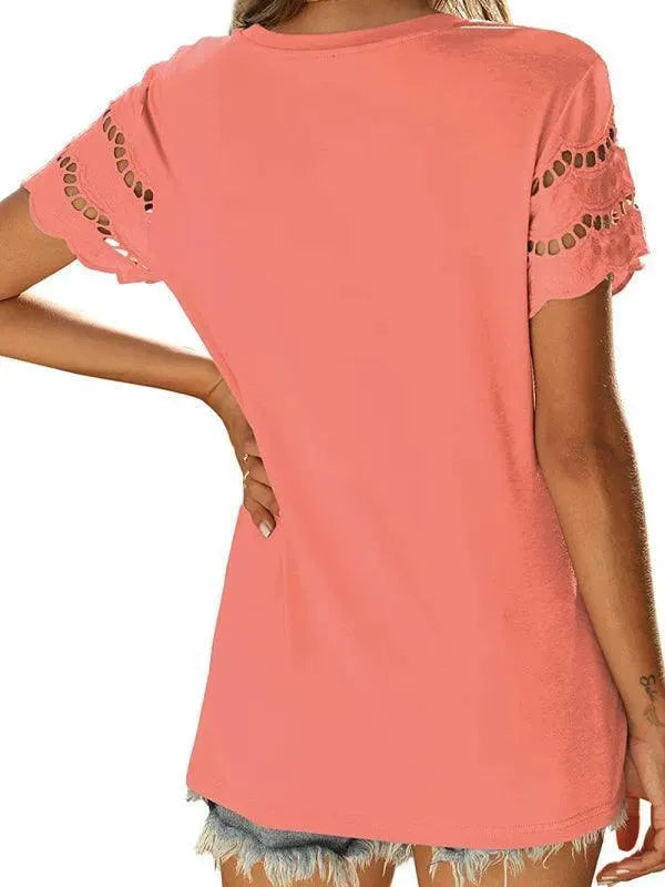 Short Sleeve Solid Lace Knit Women Top - Women Tops - LeStyleParfait