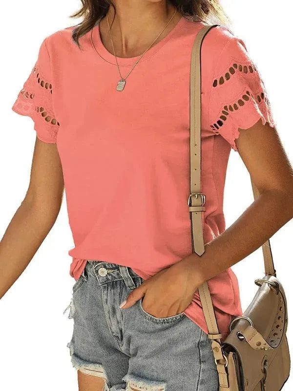 Short Sleeve Solid Lace Knit Women Top - Women Tops - LeStyleParfait