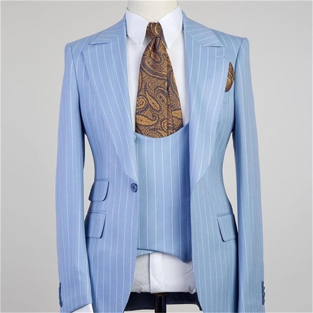 Sky Blue Striped Men's 3-Piece Suits - Suit - LeStyleParfait Kenya