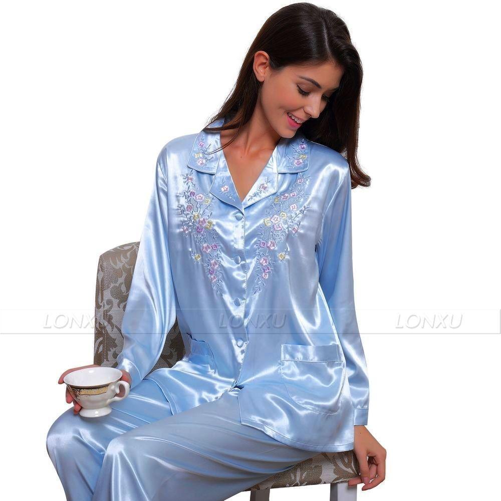 Sleepwear-Women's Silk Pajama, Embroidered - Sleepwear - LeStyleParfait Kenya