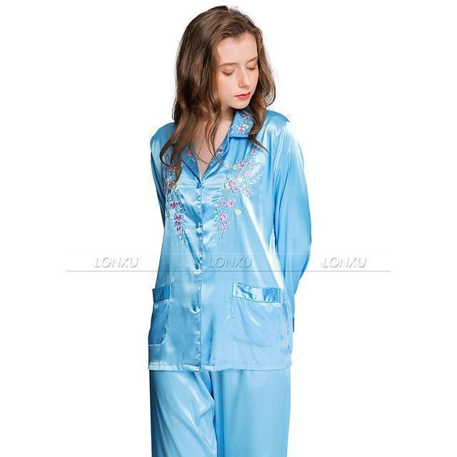 Sleepwear-Women's Silk Pajama, Embroidered - Sleepwear - LeStyleParfait Kenya