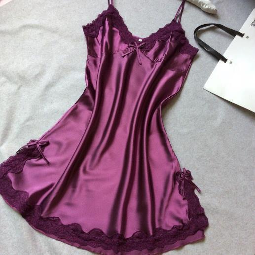 Sleepwear-Women Silk Satin Night Dress, Dark Purple - Sleepwear - LeStyleParfait Kenya