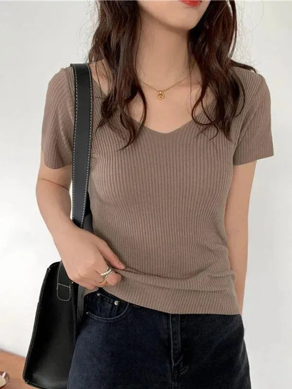 Solid V-neck Sweater Top - Pullover Sweater - LeStyleParfait