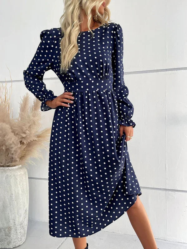 Women Elegant Polka Dot Midi Flare Dress - Polka Dot Midi Dress - LeStyleParfait