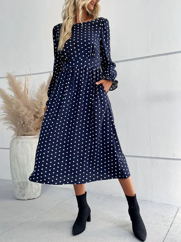 Women Elegant Polka Dot Midi Flare Dress - Polka Dot Midi Dress - LeStyleParfait