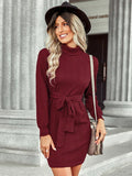 Women Sophisticated Burgundy Belted Mini Dress - Shift Mini Dress - LeStyleParfait