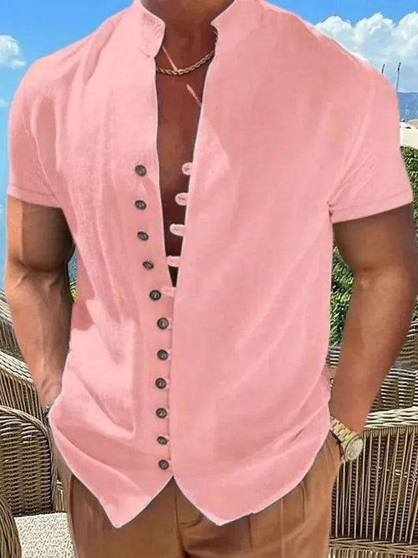 Stand Collar Linen Men Casual Shirt - Linen Shirt - LeStyleParfait